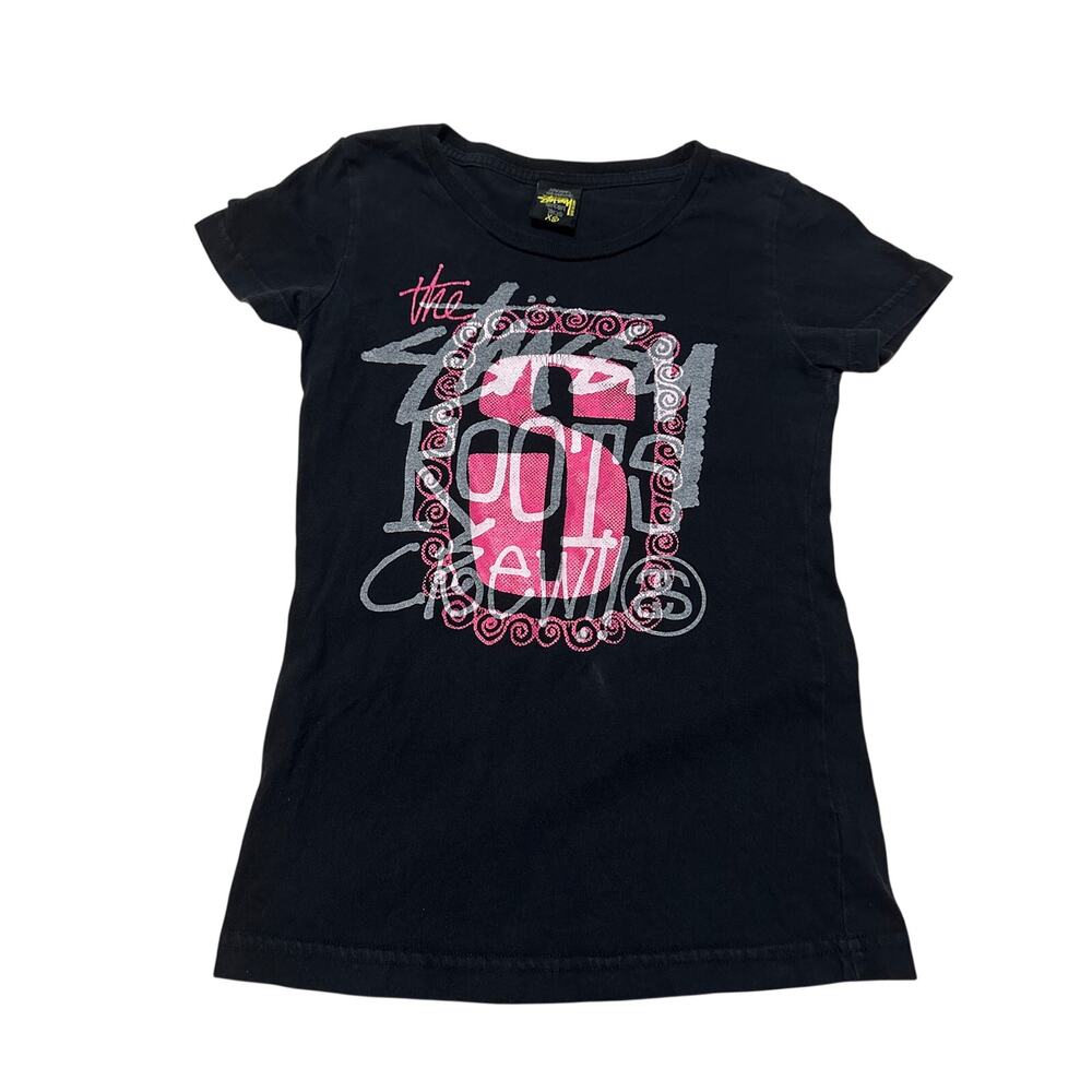 Vintage Stussy Roots Crew Graphic T-Shirt Black Pink Womens XS Y2K Baby Tee